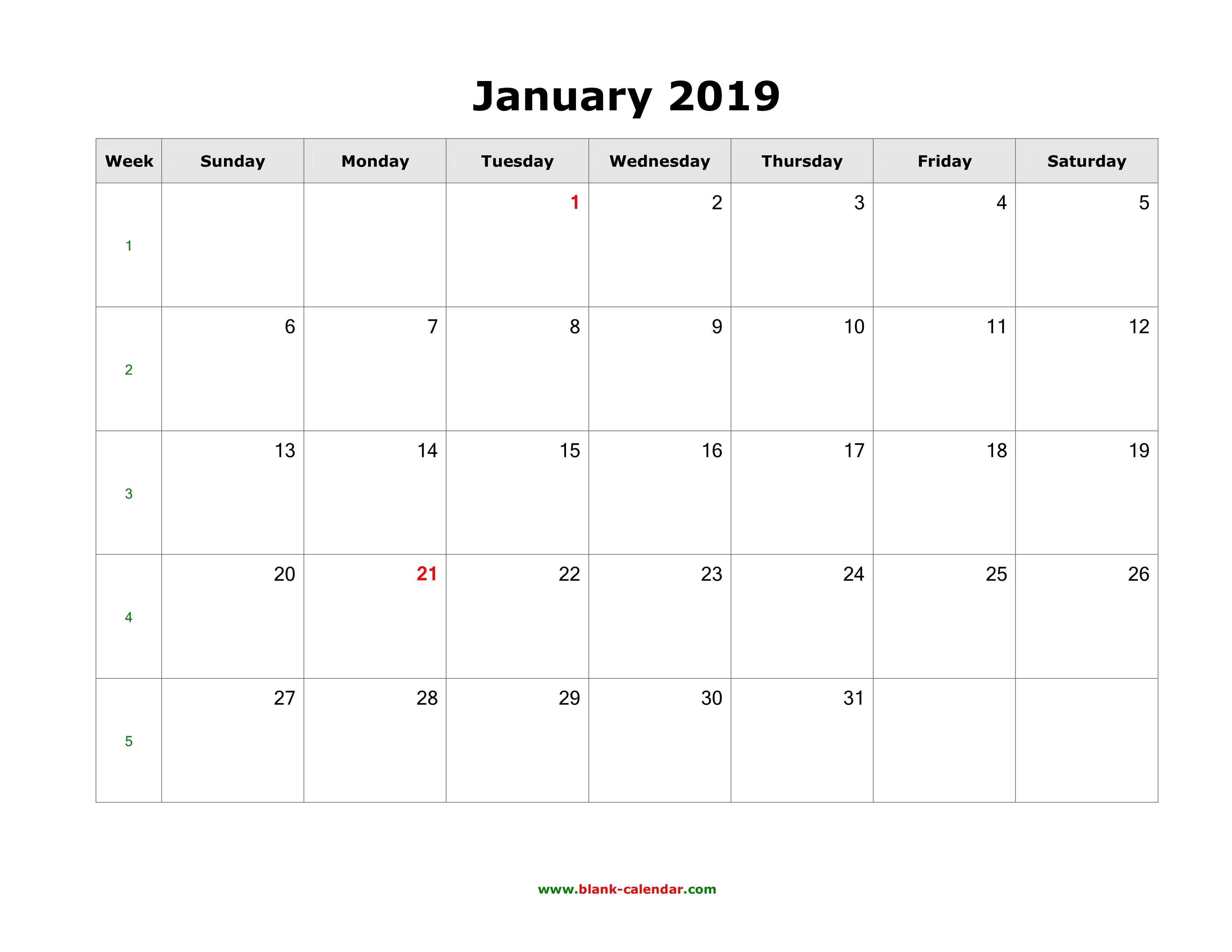 Download January 2019 Blank Calendar Horizontal 