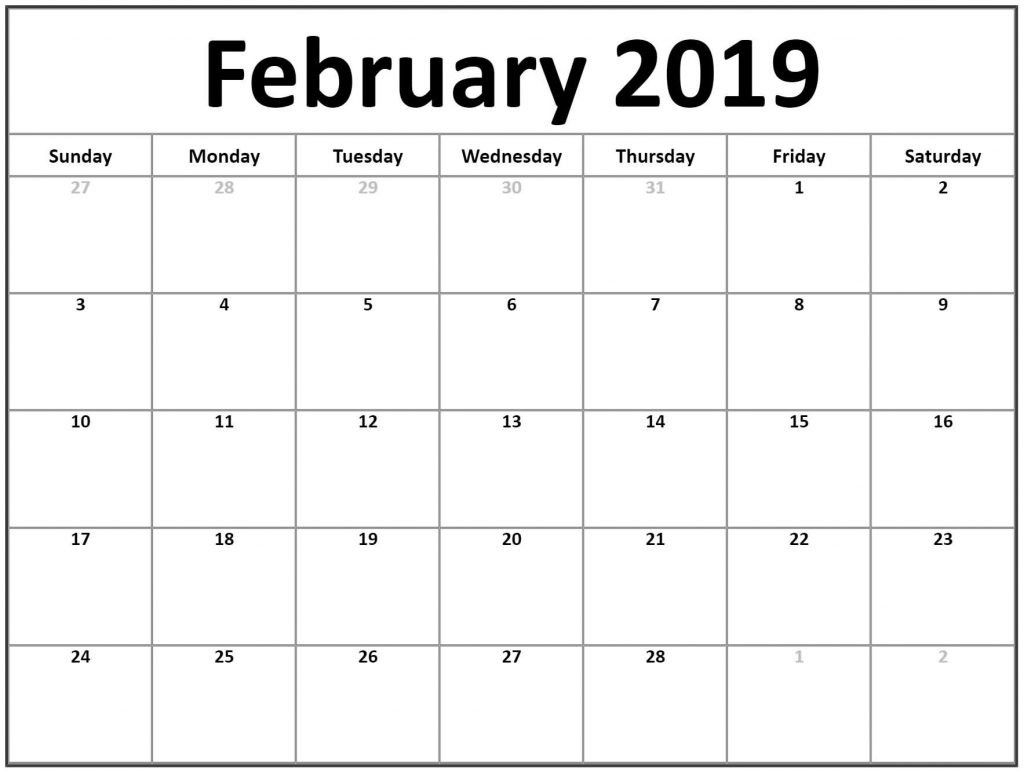 Download Printable February 2019 Blank Calendar January 2019 