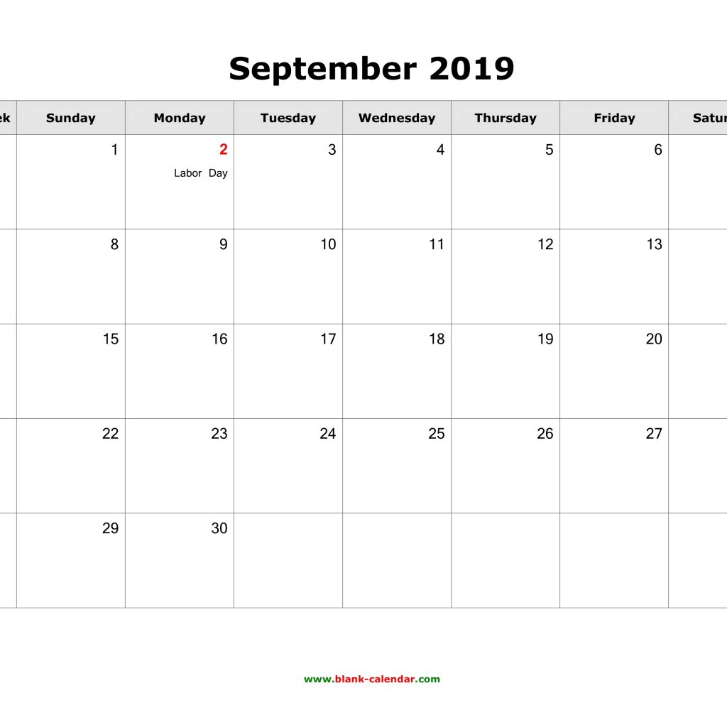 Download September 2019 Blank Calendar With Us Holidays Horizontal