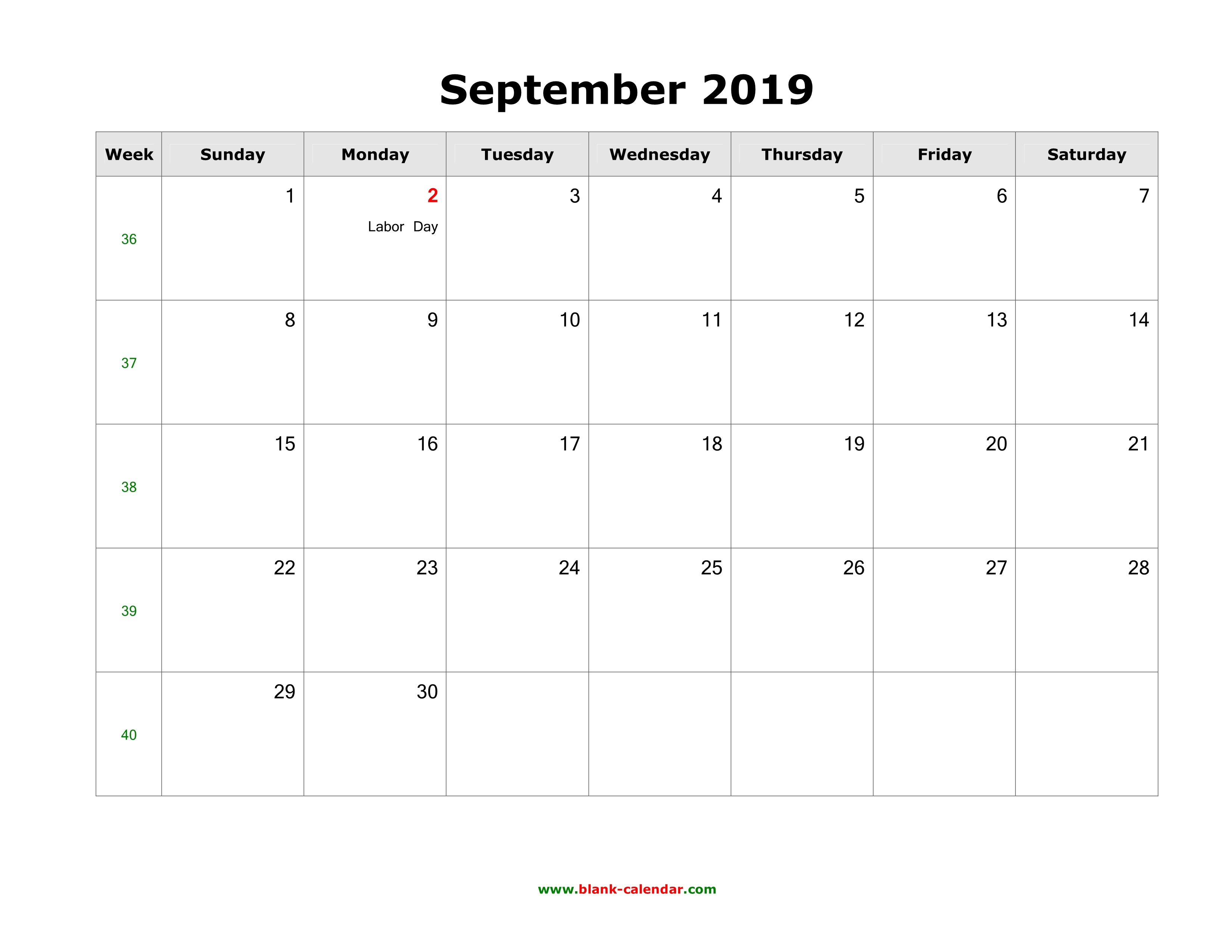 Download September 2019 Blank Calendar With Us Holidays Horizontal 