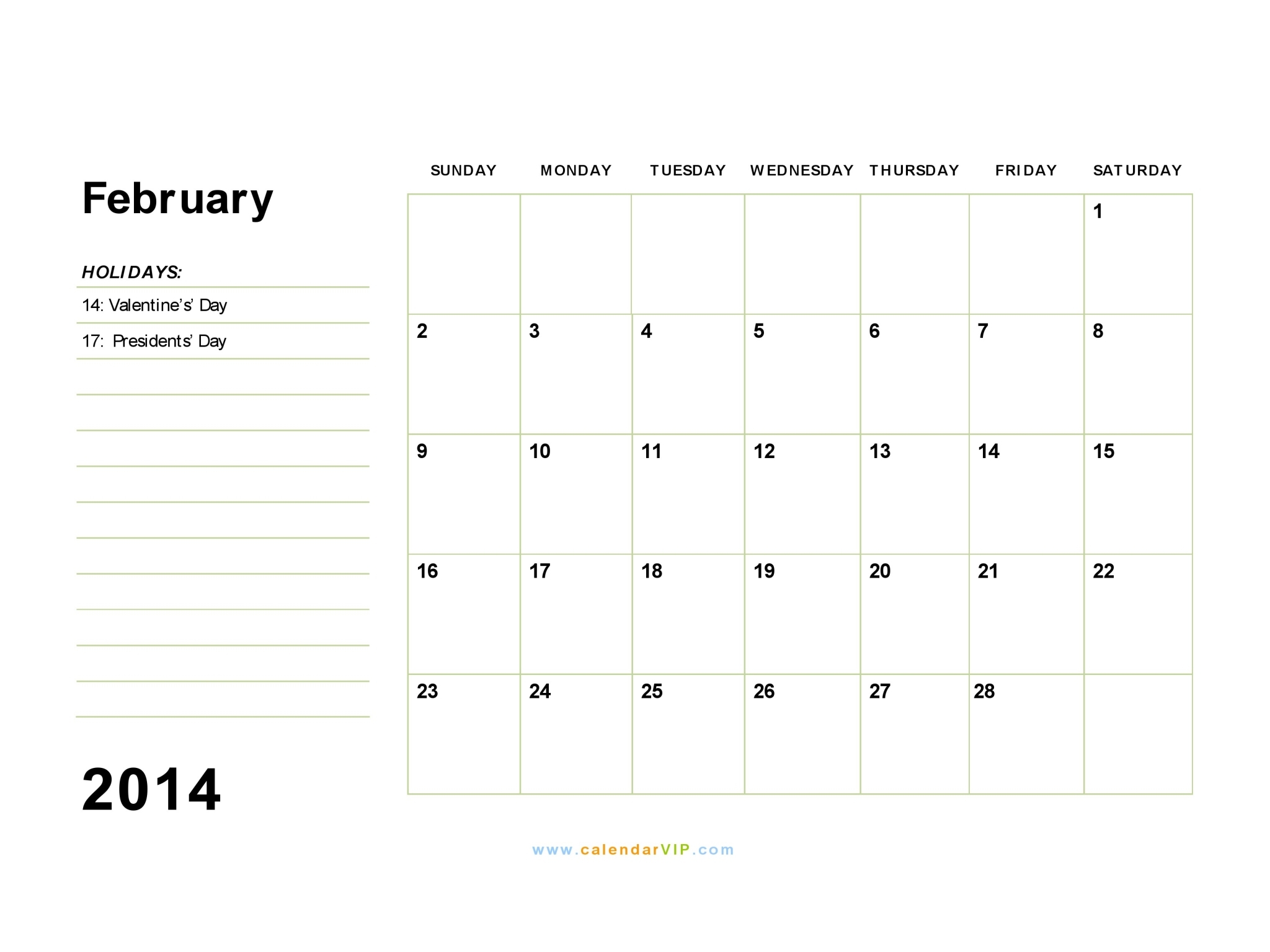 February 2014 Calendar Blank Printable Calendar Template In Pdf