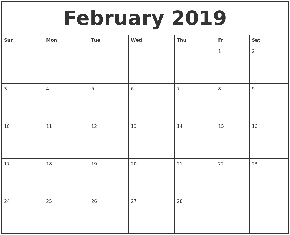 February 2019 Calendar Monthly