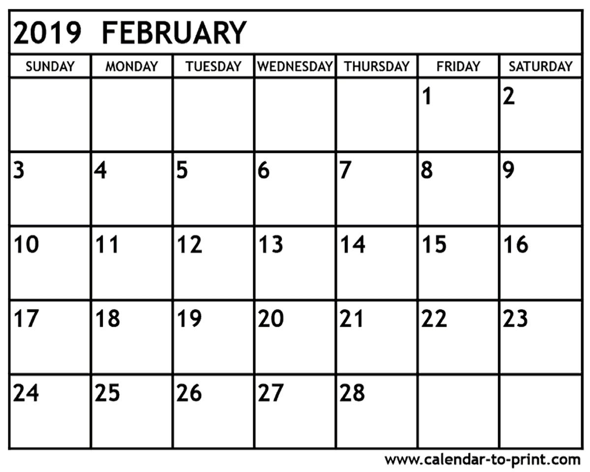 February 2019 Calendar Printable 