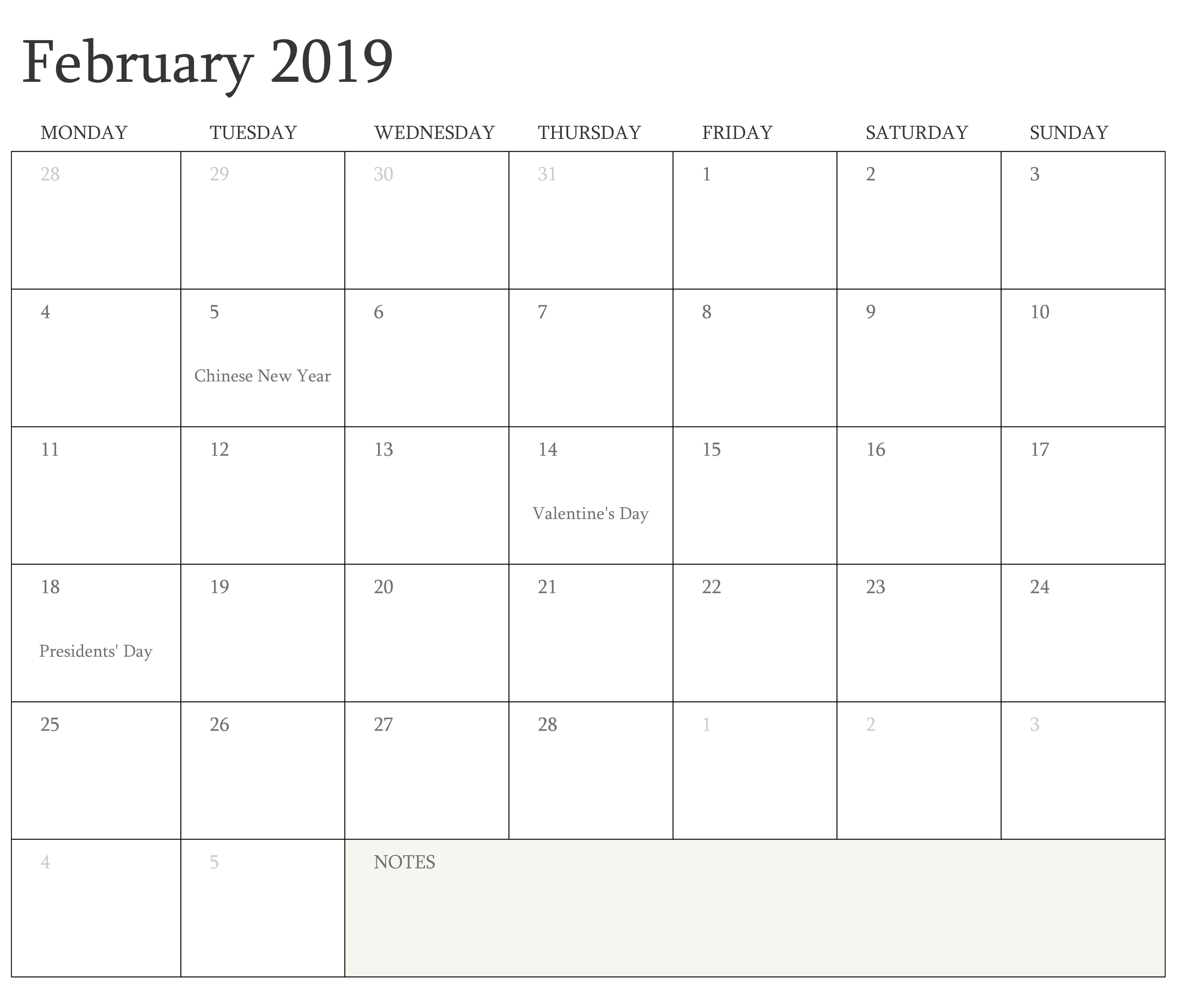 February 2019 Calendar With Holidays Printable Manage Work