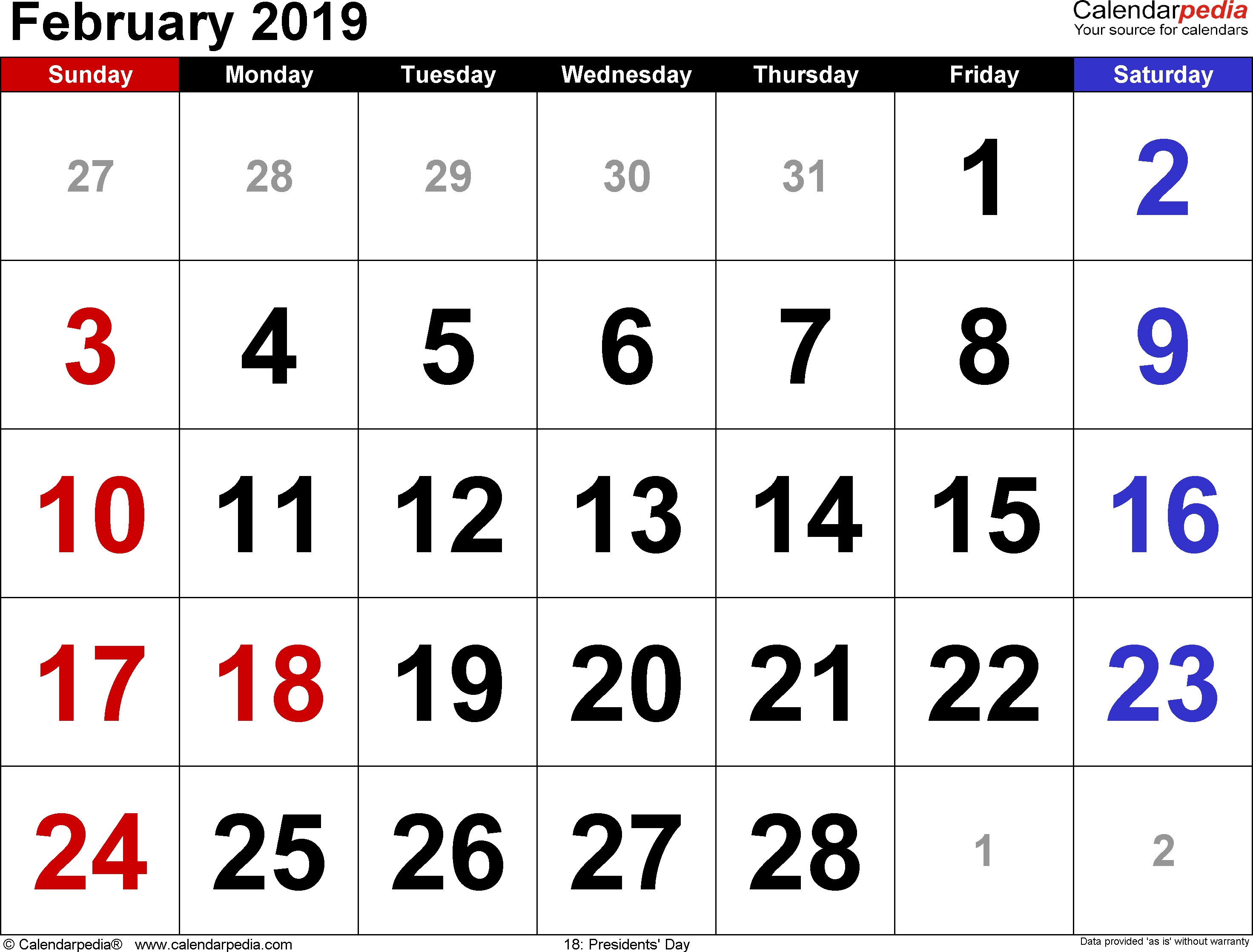 February 2019 Calendars For Word Excel Pdf 