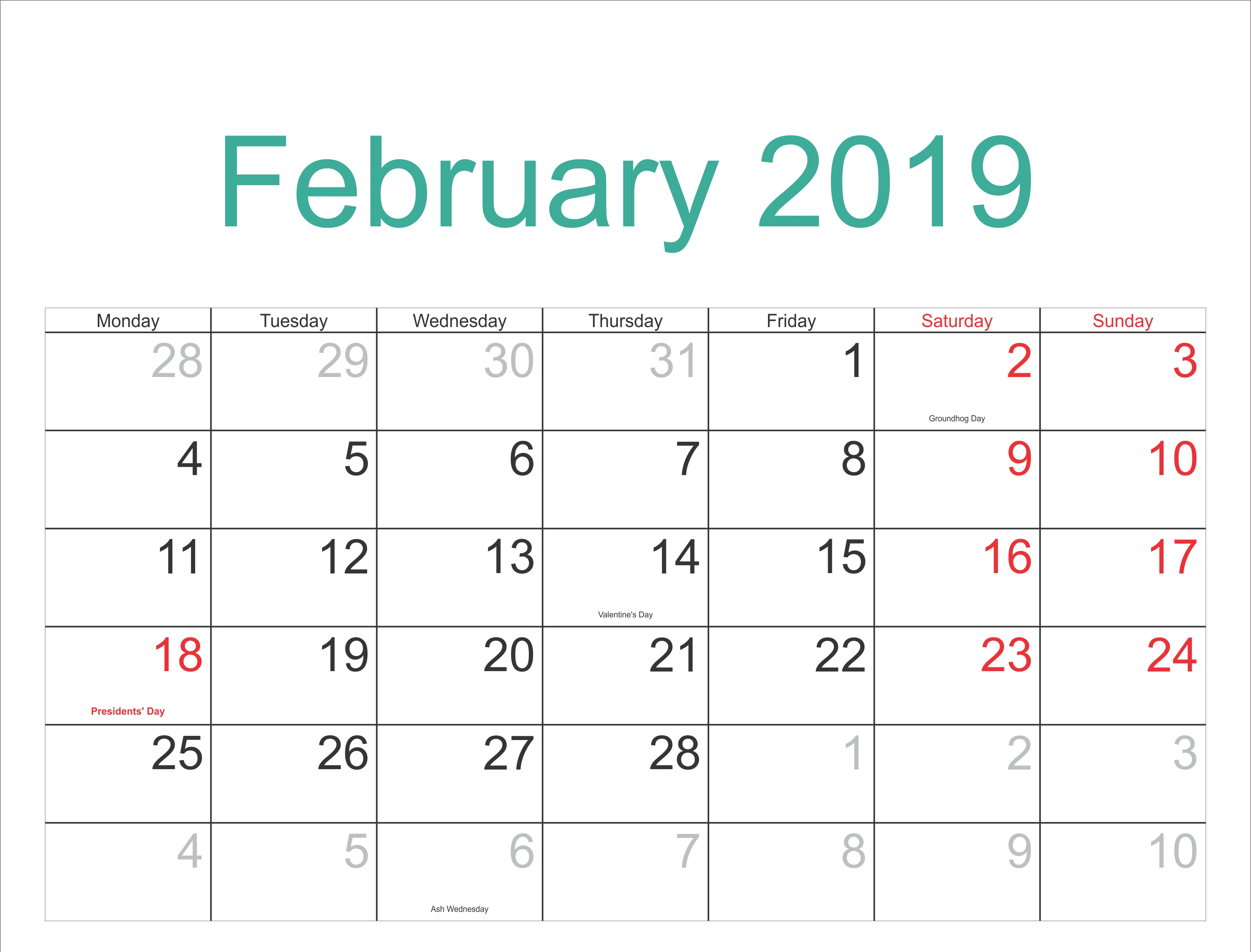 February 2019 Holiday Calendar Printable Templates January 2019