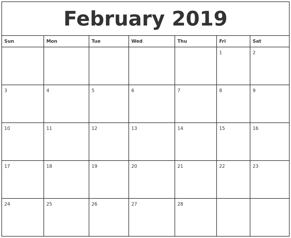 February 2019 Printable Monthly Calendar 