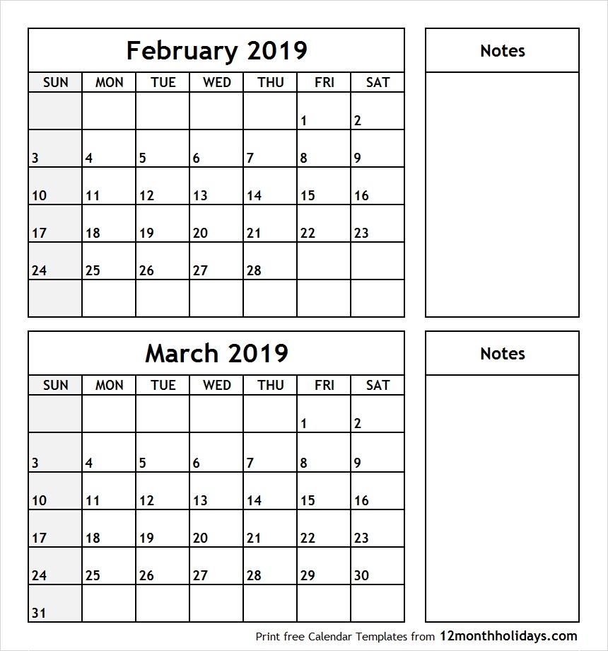 February And March 2019 Calendar All 12 Month Calendar Printable