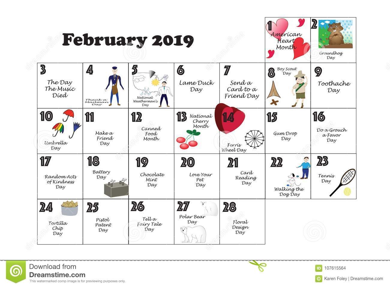 February Quirky Holidays And Unusual Events 2019 Stock Illustration 