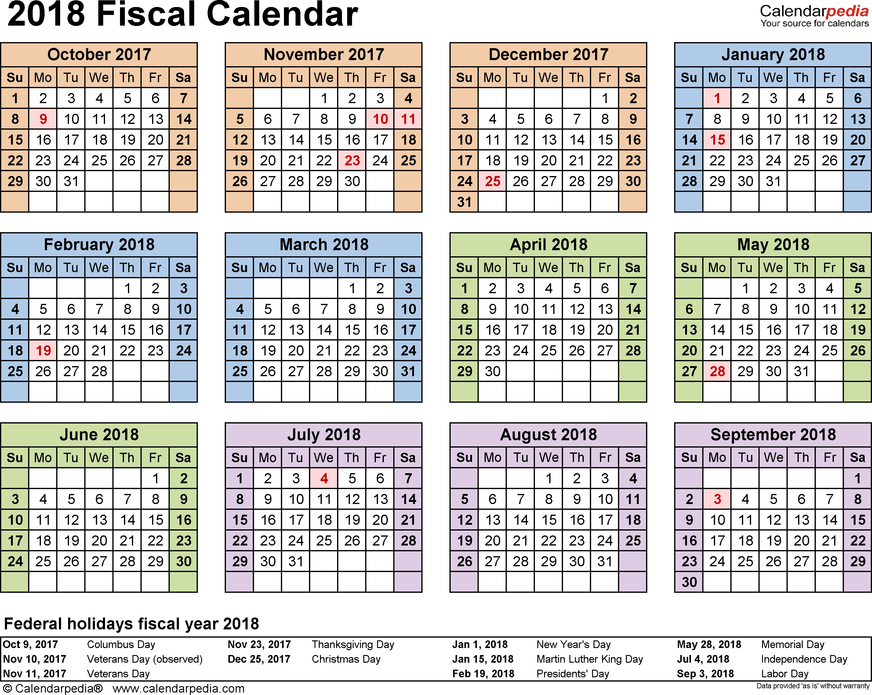 Fiscal Calendars 2018 As Free Printable Pdf Templates 