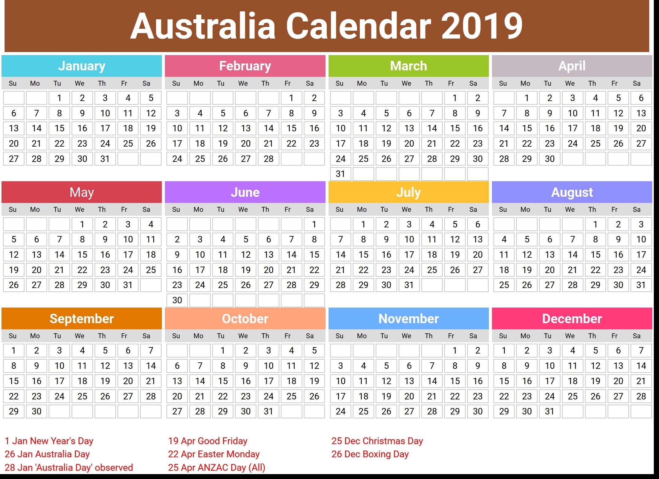 Free Australia Calendar 2019 Pdf Excel Word Templates April