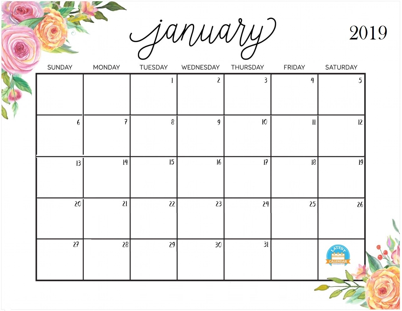 Free Cute Printable Calendars 2019 Printable January 2019 Calendar