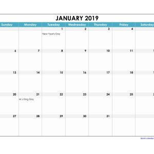 Free Download 2019 Excel Calendar Large Boxes In The Grid Horizontal