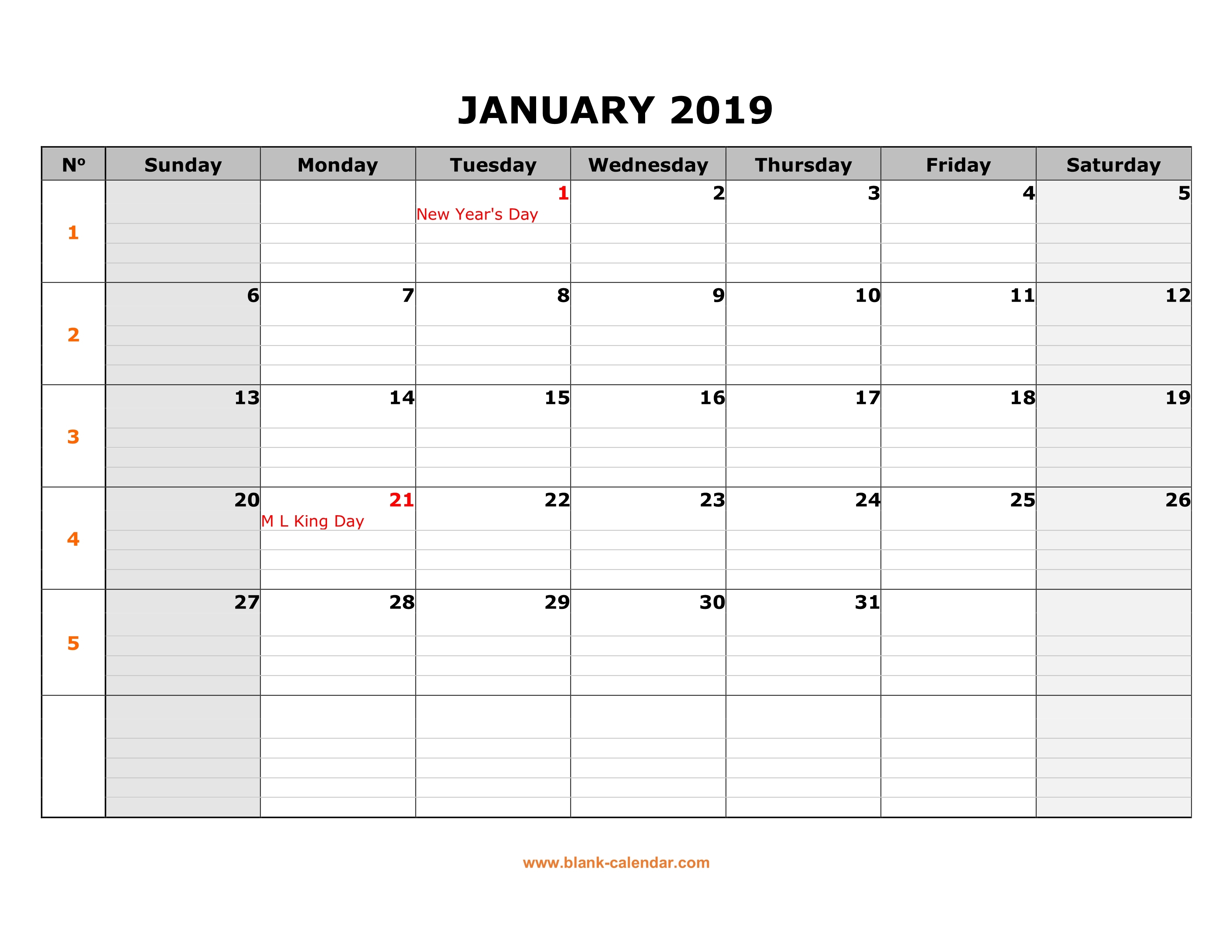 Free Download Printable Calendar 2019 Large Box Grid Space For Notes 