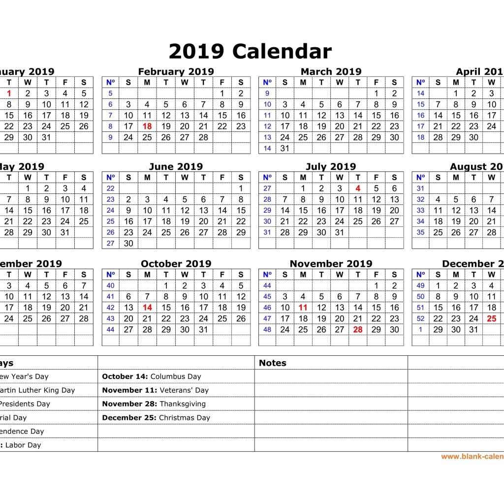 Free Download Printable Calendar 2019 With Us Federal Holidays One