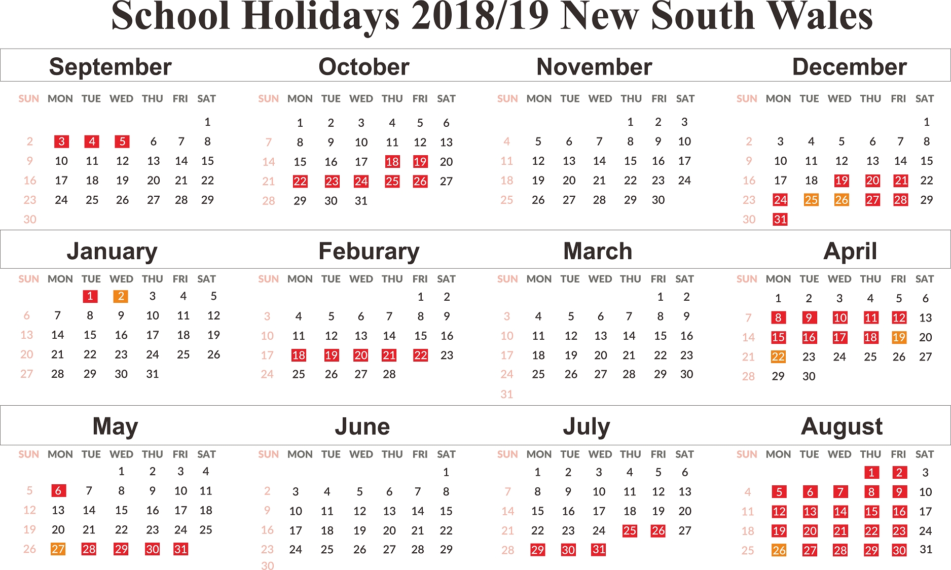 Free Editable School Holidays 2019 Nsw New South Wales Calendar