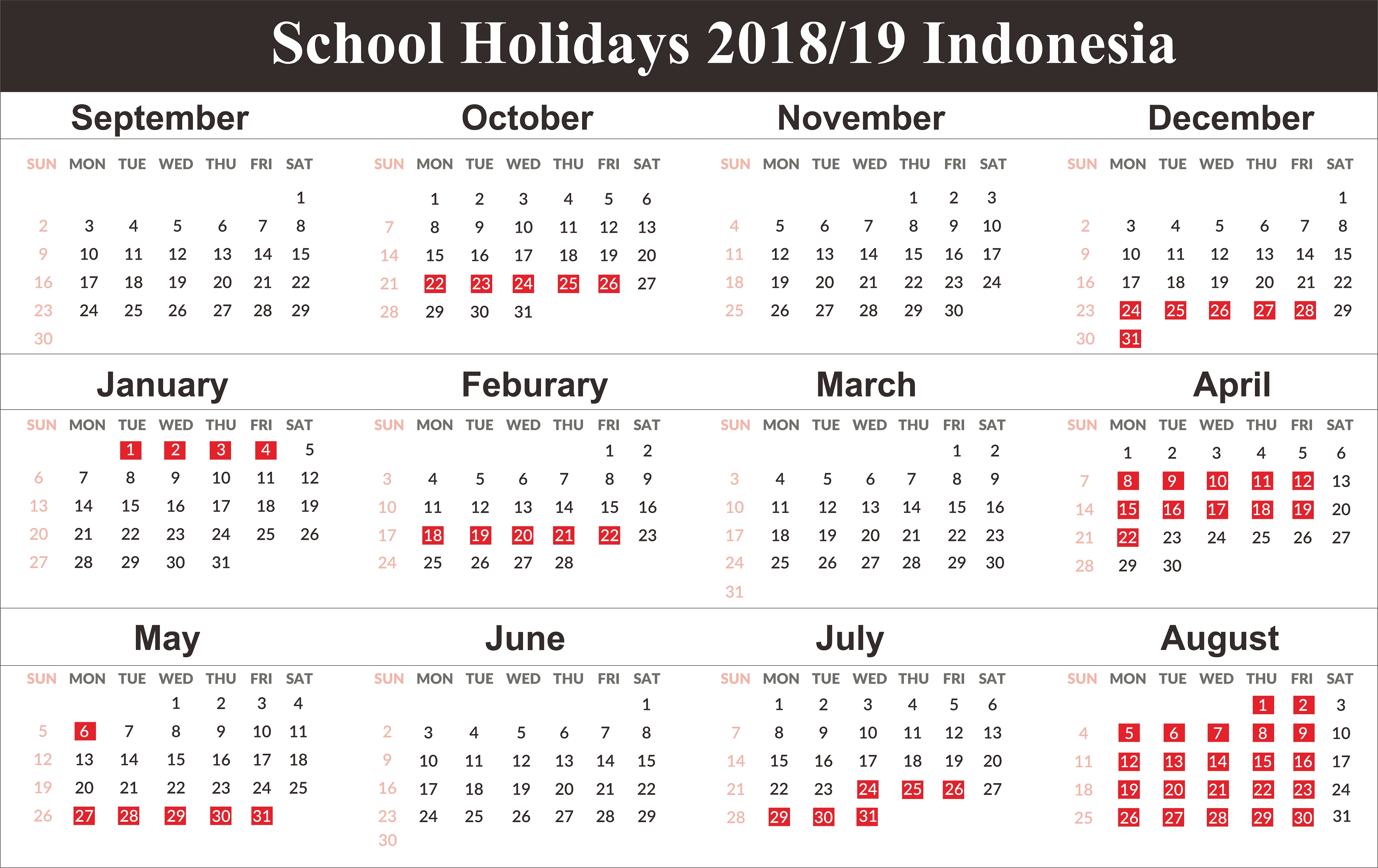 Free Indonesia School Holidays 2019 Calendar Templates December 