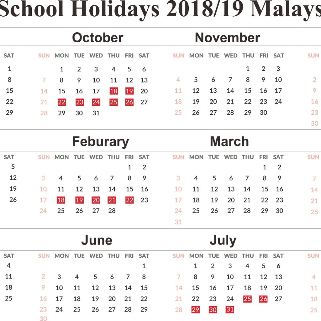 Free Printable Malaysia School Holidays 2019 Calendar Templates