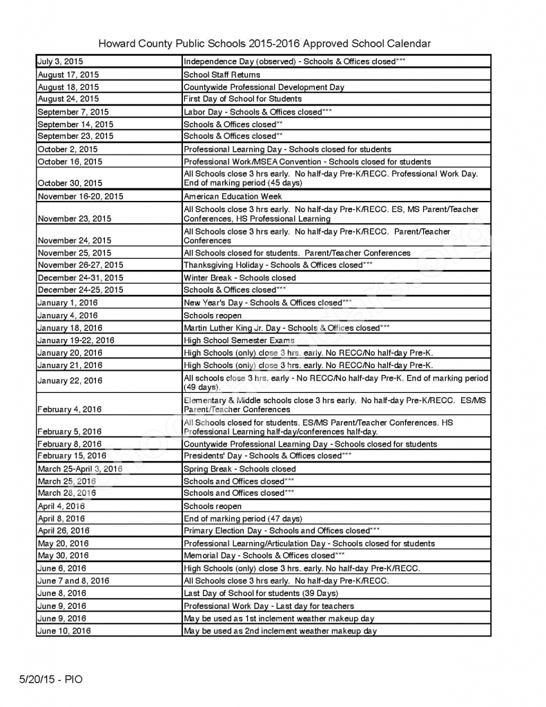 Howard County Public Schools Calendar Calendar Printable 2018