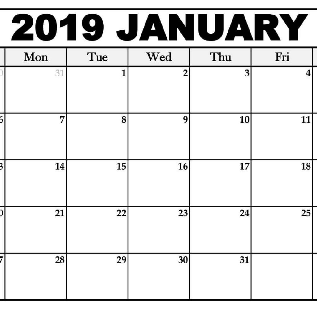 January 2019 Calendar For Vertical Template Free Printable January