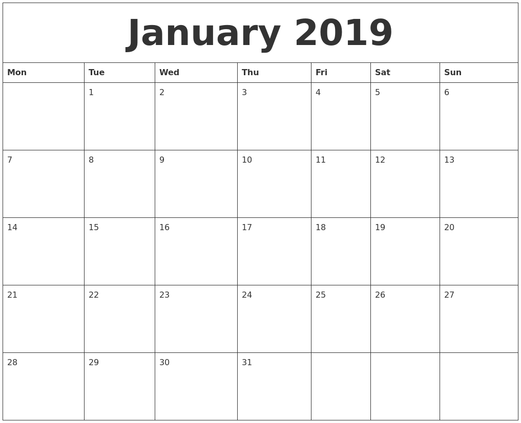 January 2019 Calendar Printable Blank Templates Free Word Pdf 