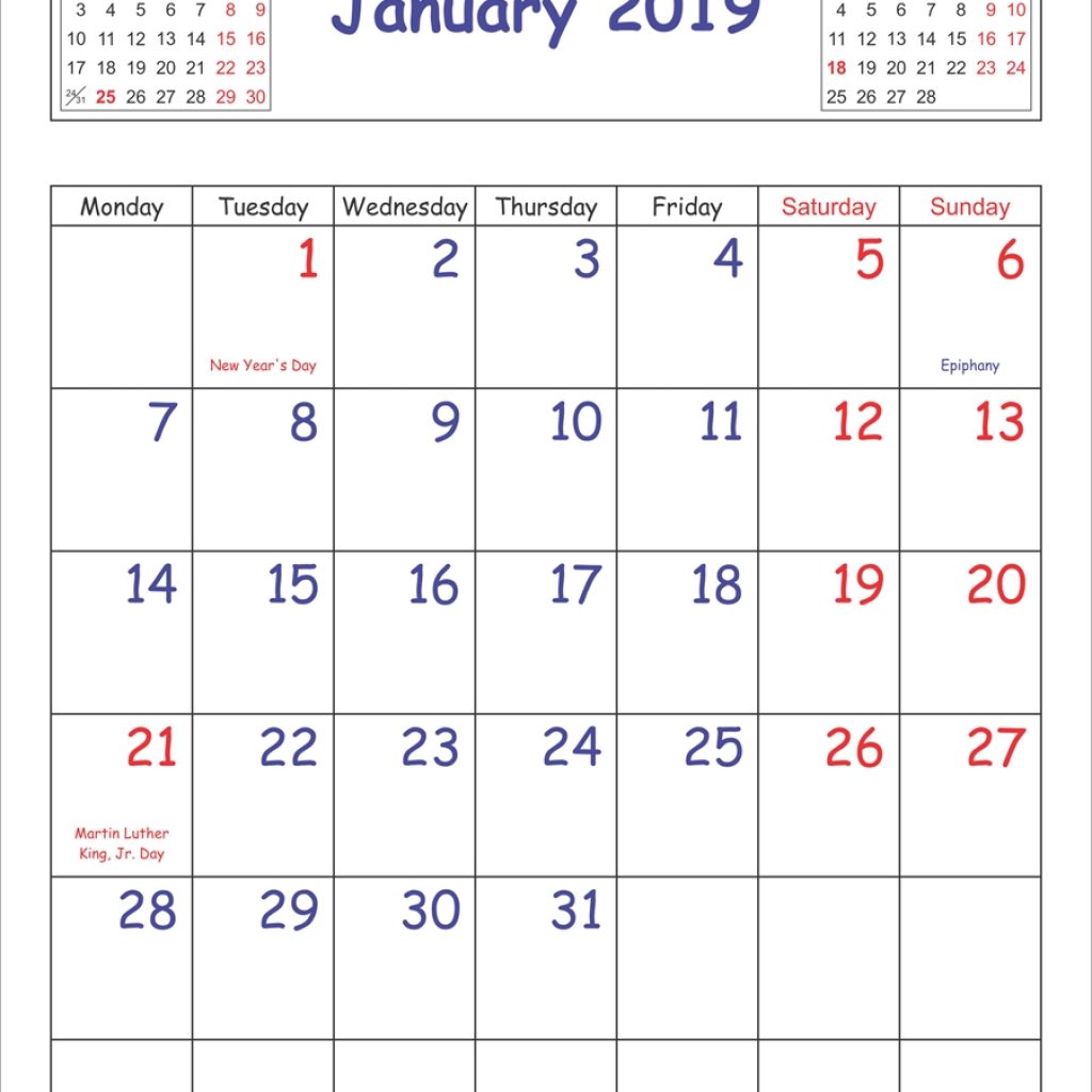 January 2019 Calendar Vertical January 2019 Calendar Printable