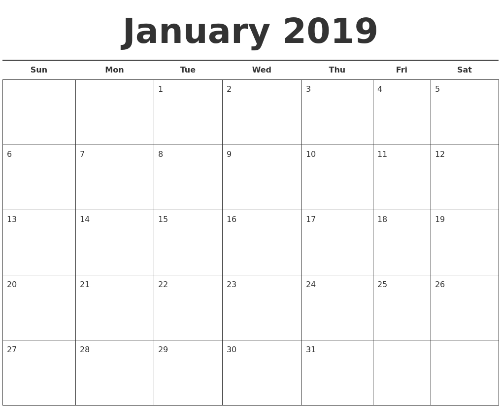 January 2019 Free Calendar Template 