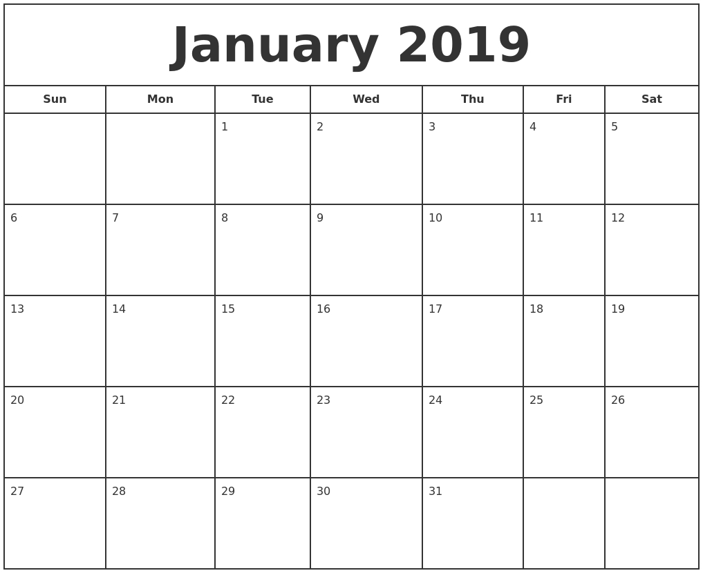 January 2019 Print Free Calendar 