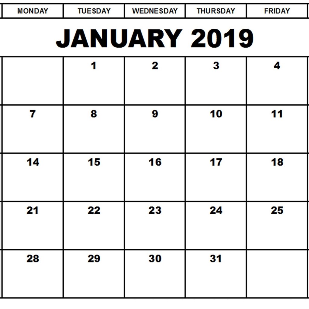 January 2019 Printable Calendar Template Pdf Excel Word January