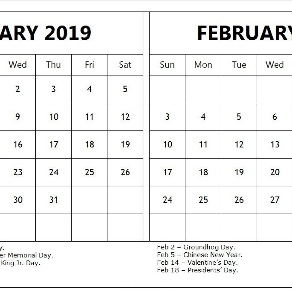 January February 2019 Calendar With Holidays Templateprintable