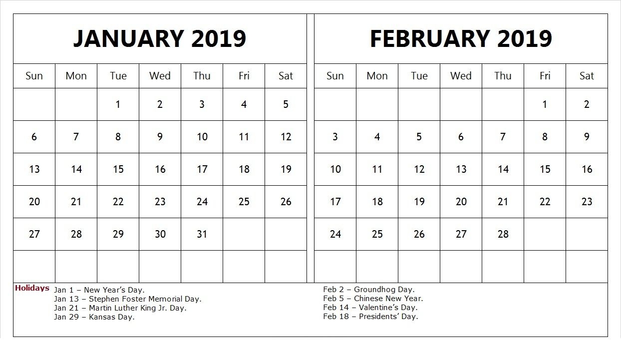 January February 2019 Calendar With Holidays Templateprintable