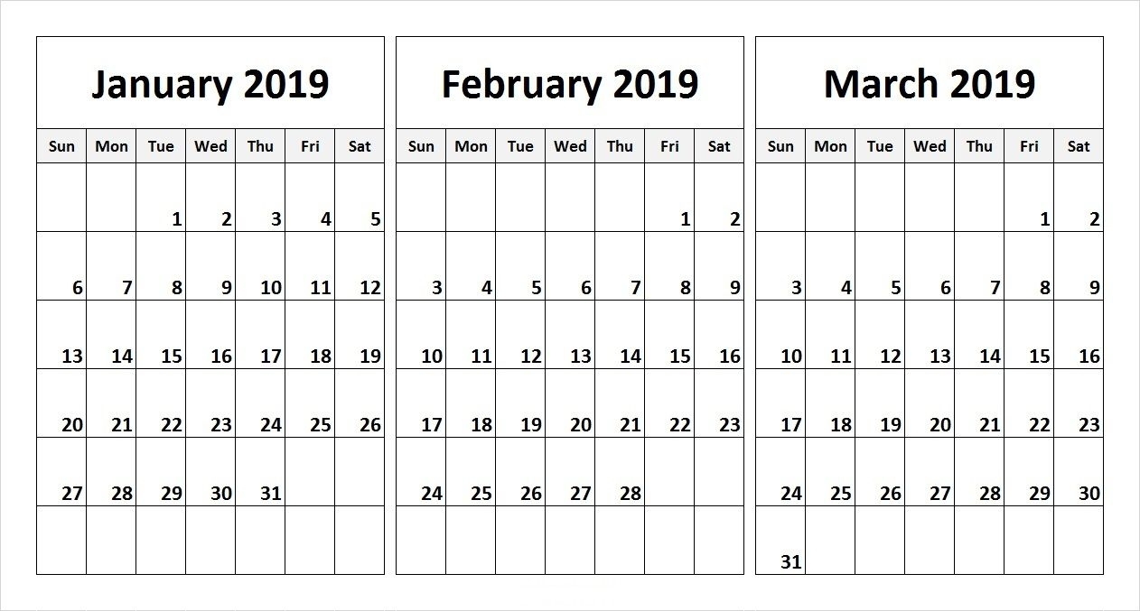 January February March 2019 Calendar In Pdf Word Excel Printable 