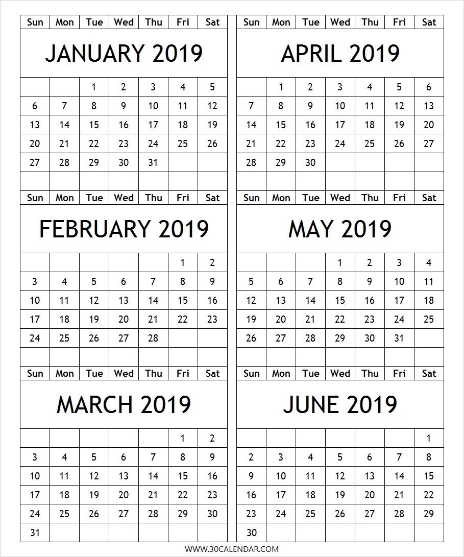 January To June 2019 Calendar Printable 6 Month 2019 Calendar 