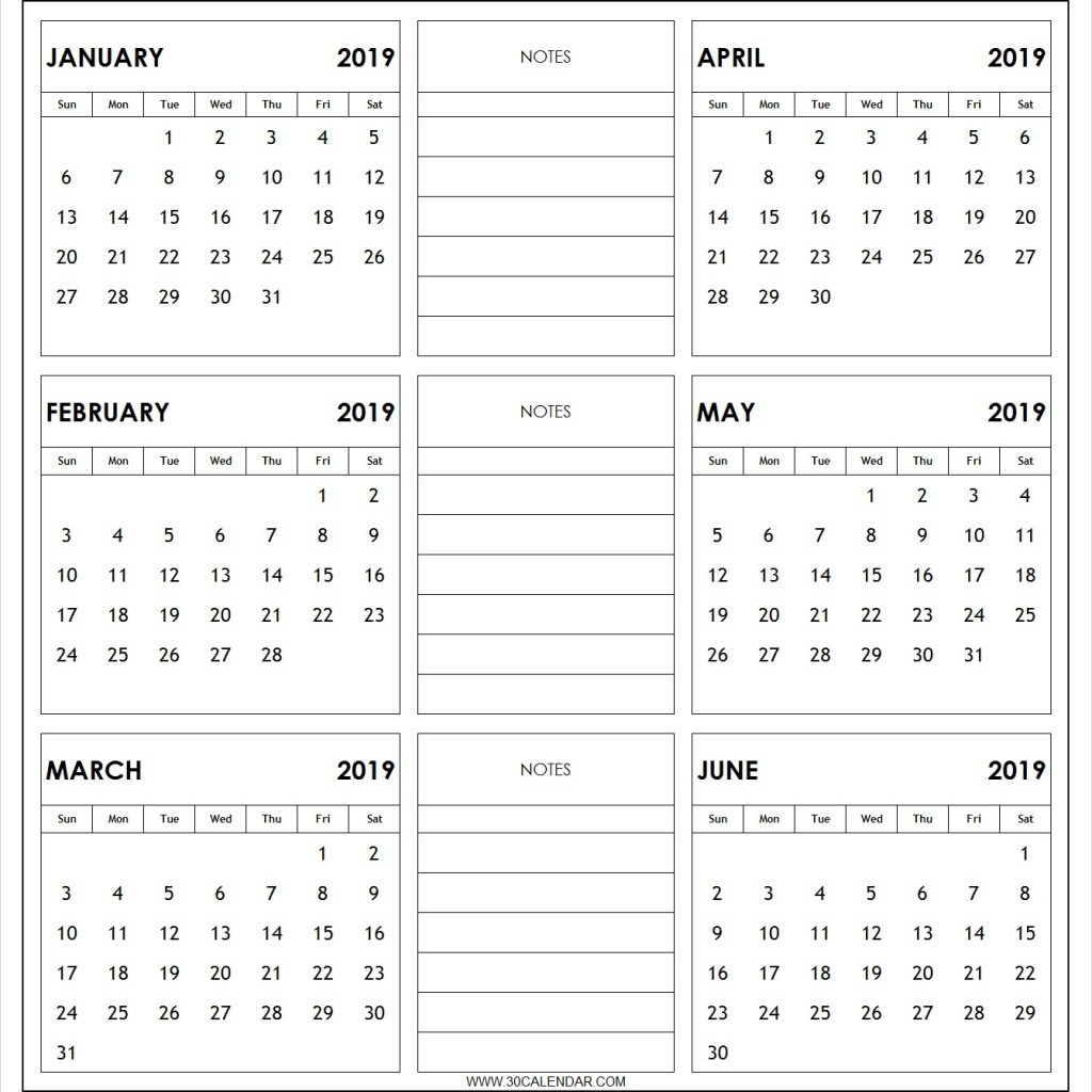 January To June 2019 Calendar Printable 6 Month 2019 Calendar