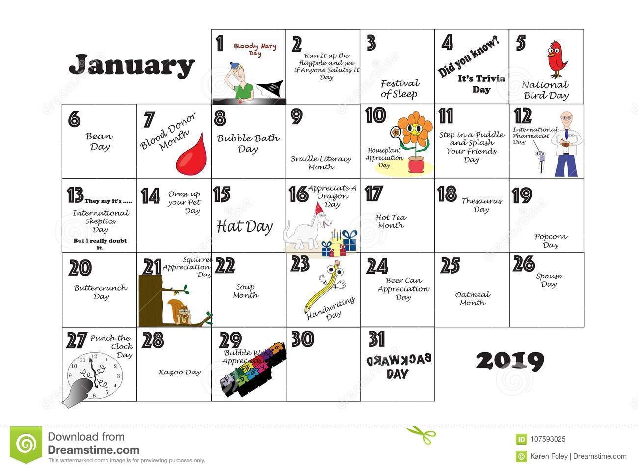 January Unusual Holidays And Quirky Events 2019 Stock Illustration 