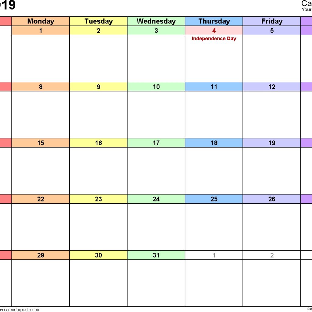 July 2019 Calendars For Word Excel Pdf