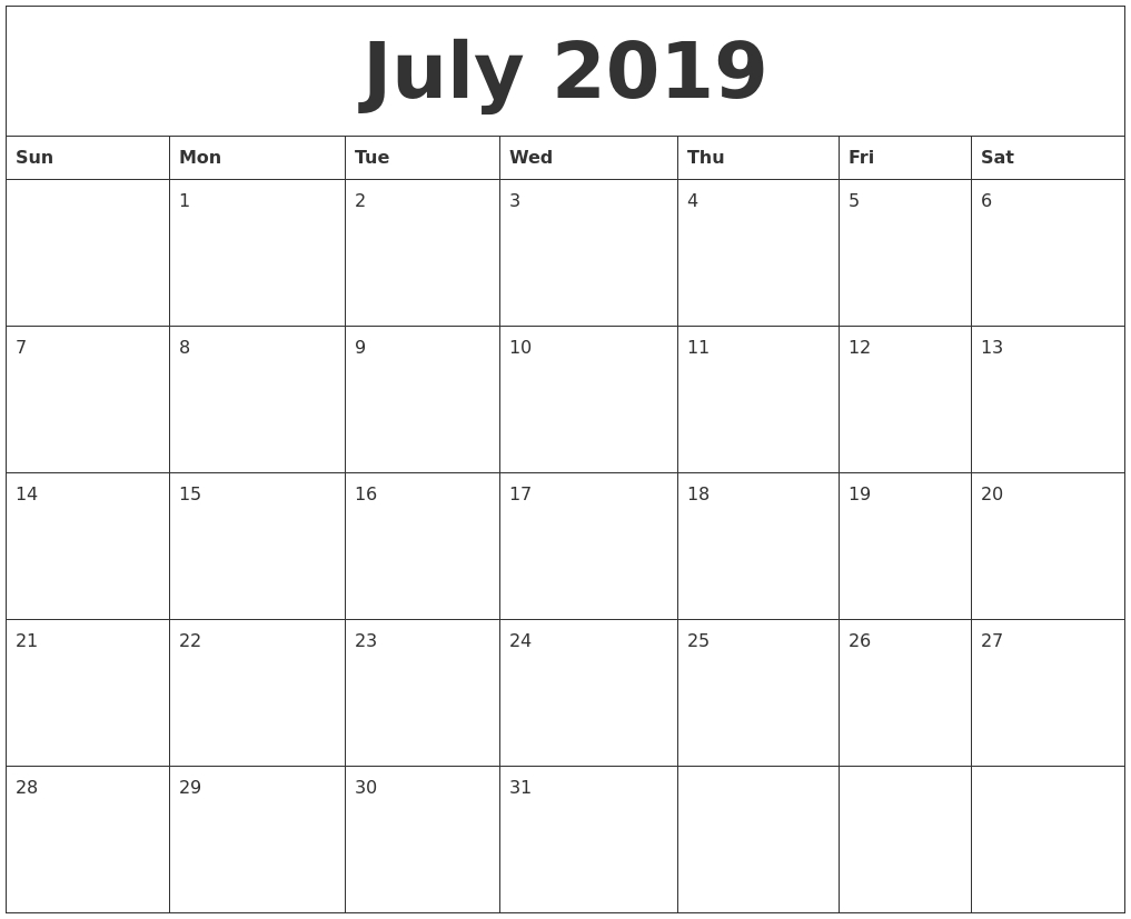 July 2019 Free Printable Monthly Calendar 