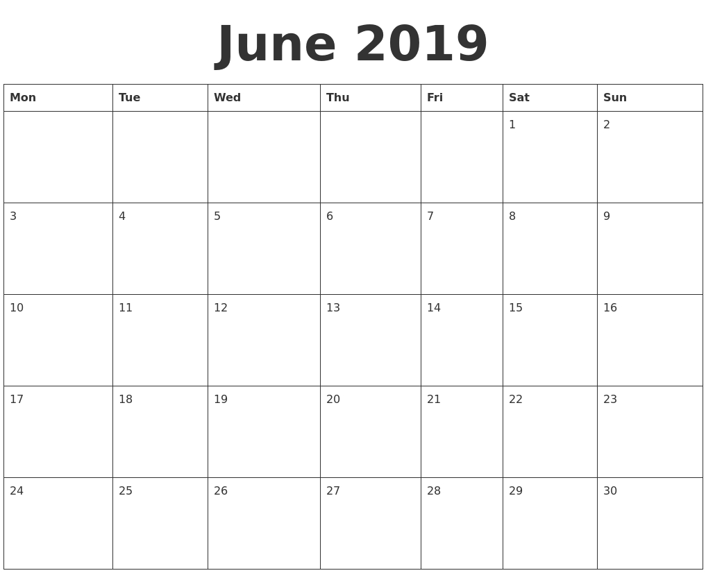 June 2019 Blank Calendar Template