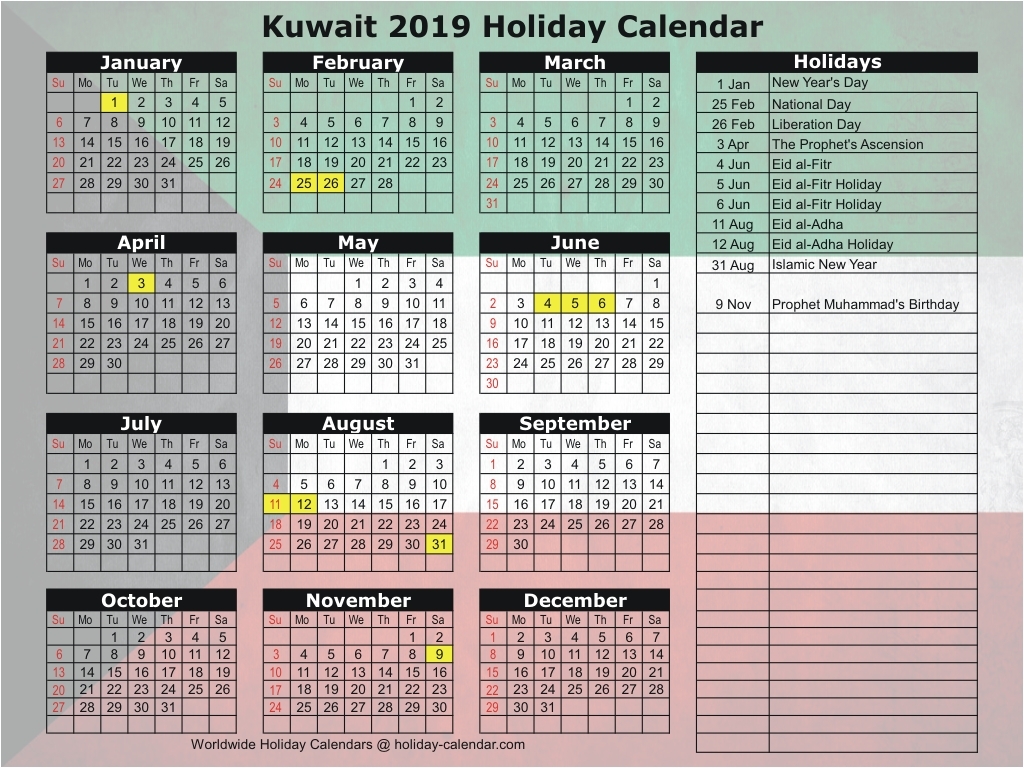 Kuwait 2018 2019 Holiday Calendar