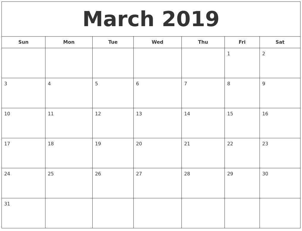 March 2019 Printable Calendar 