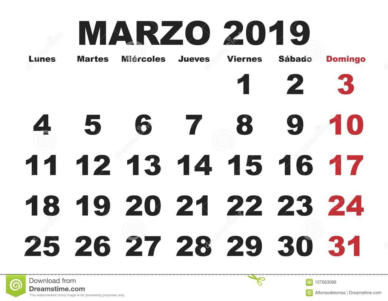 Marzo 2019 Wall Calendar Spanish Stock Vector Illustration Of 