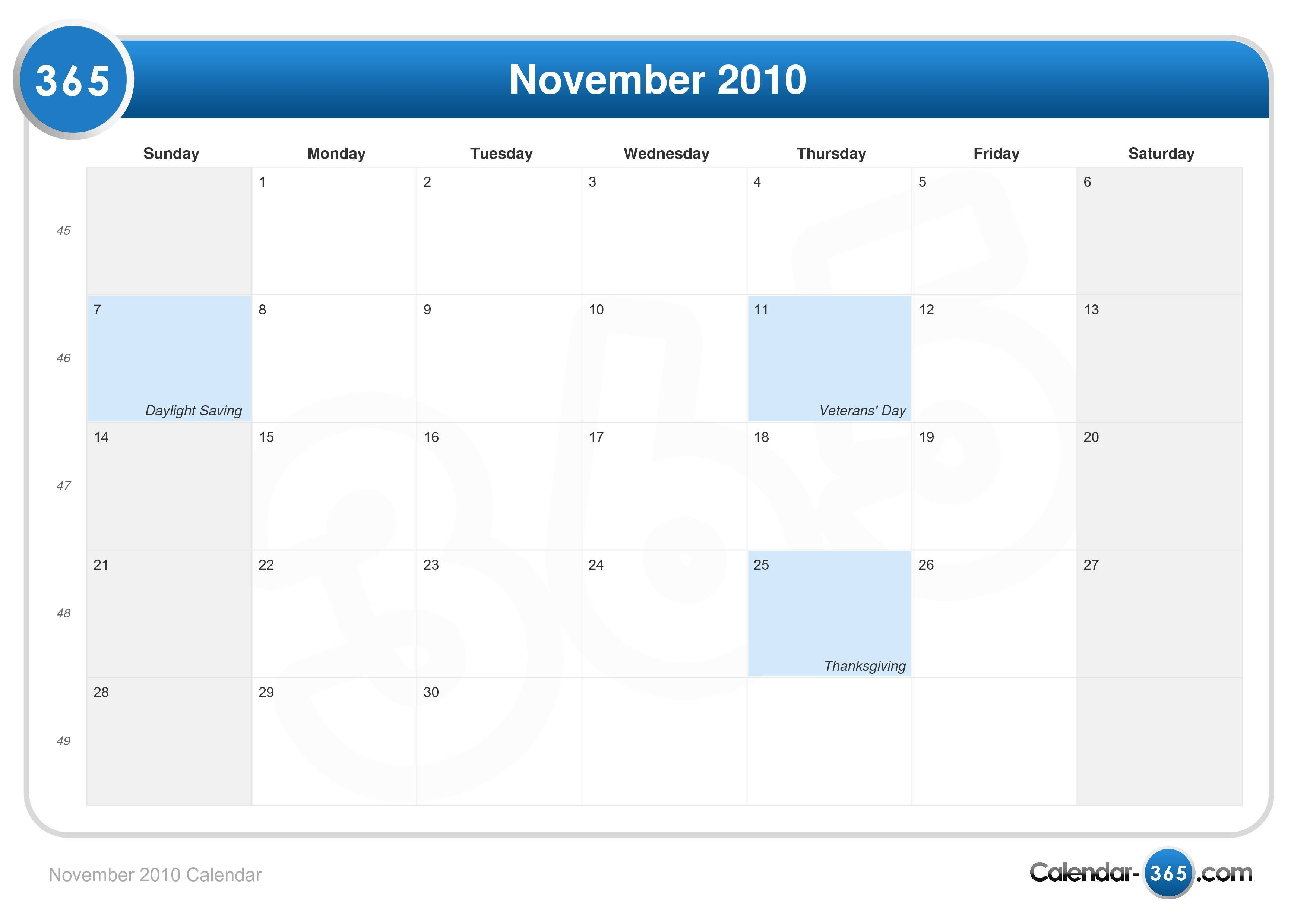 November 2010 Calendar 