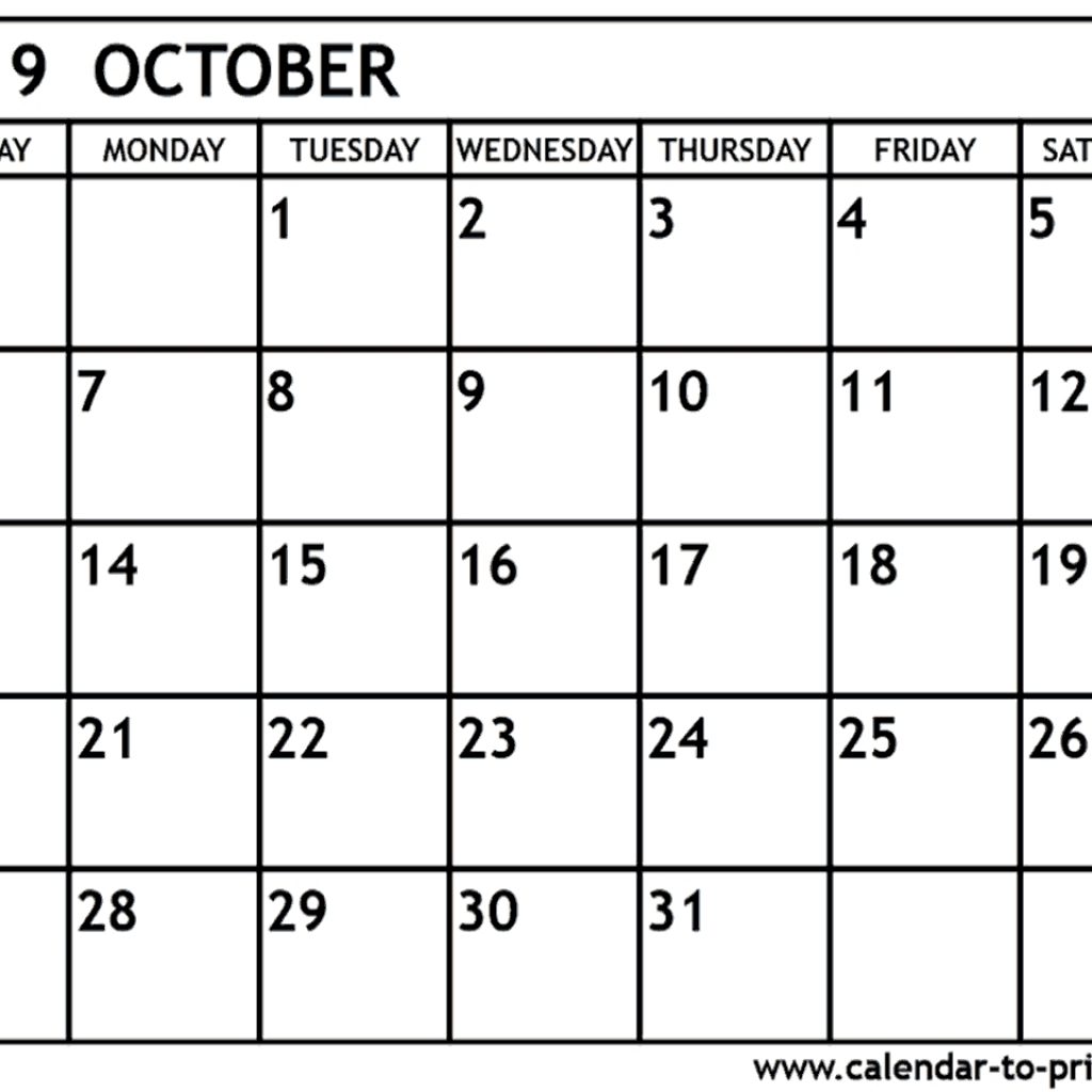 October 2019 Calendar Printable