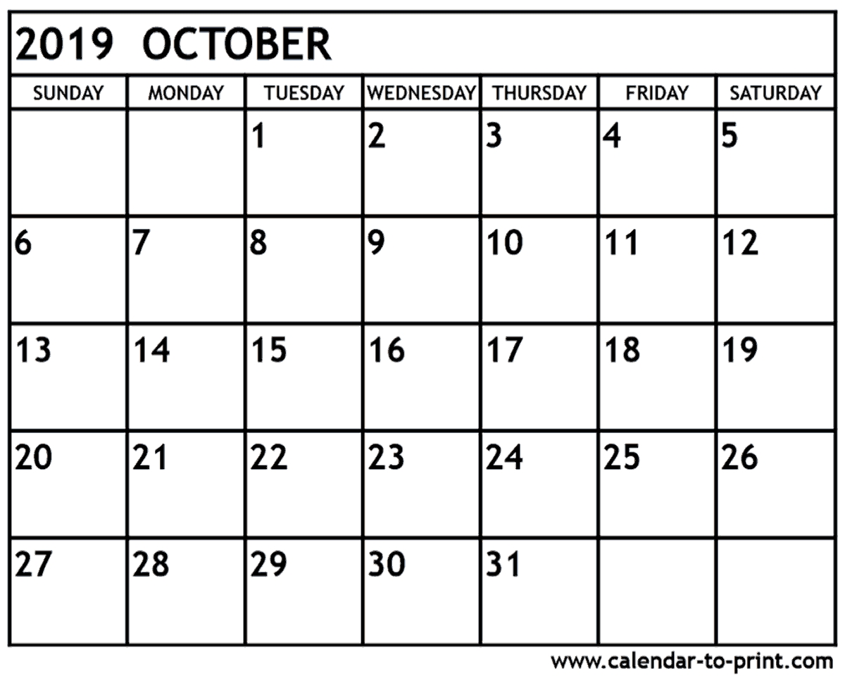 October 2019 Calendar Printable