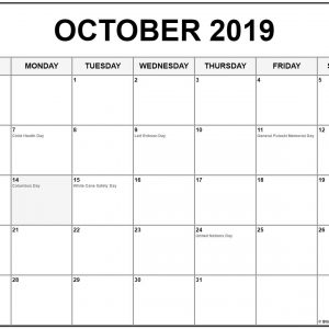 October 2019 Calendar With Holidays Printable Calendar