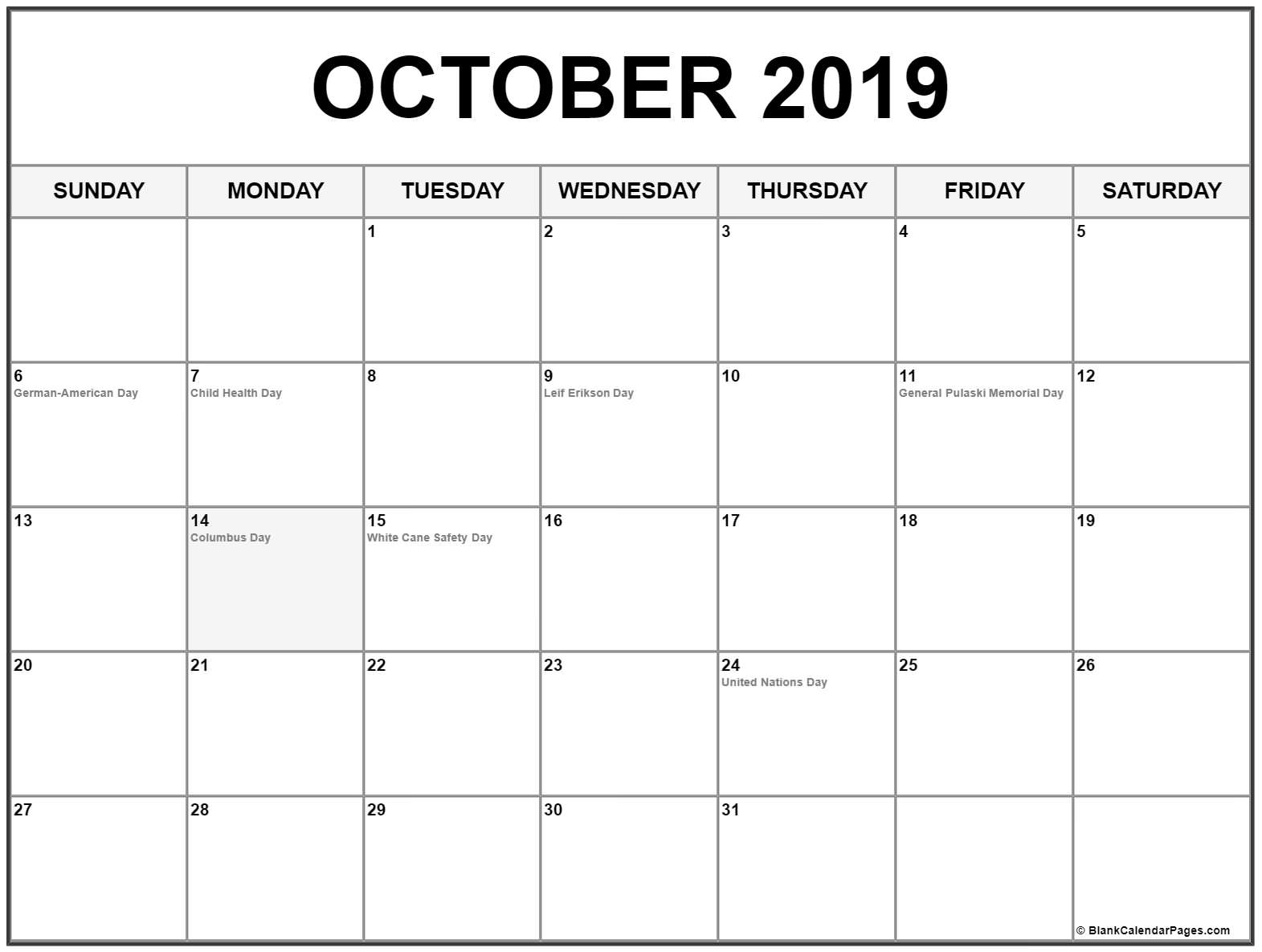 October 2019 Calendar With Holidays Printable Calendar 