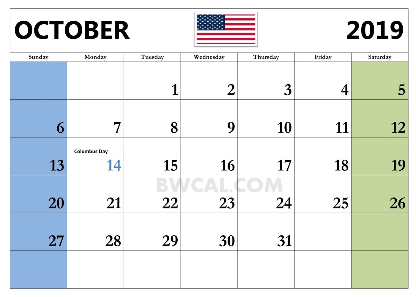 October 2019 Calendar With Holidays Printable Us Festival Events