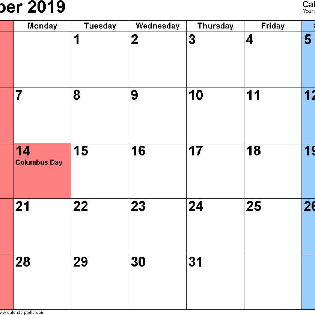 October 2019 Calendars For Word Excel Pdf