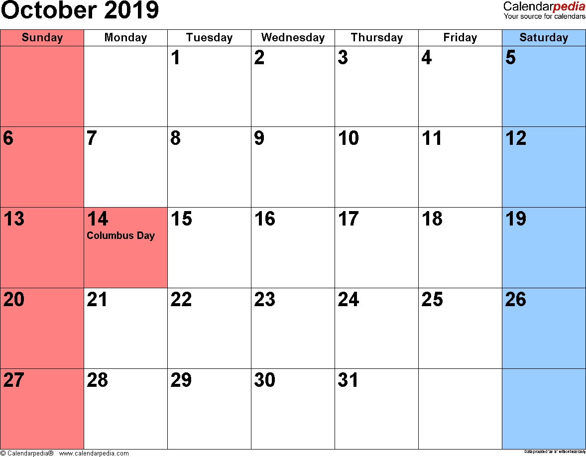 October 2019 Calendars For Word Excel Pdf 