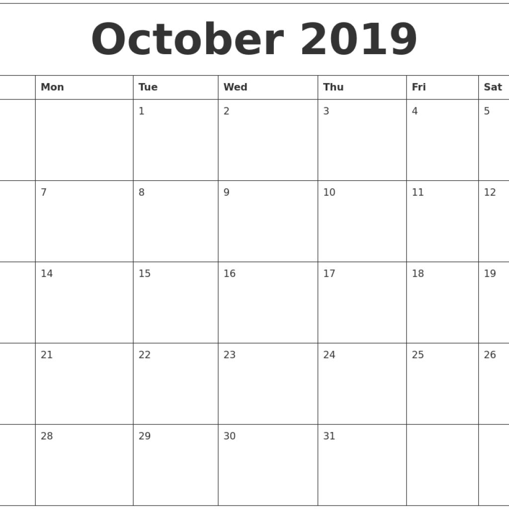 October 2019 Printable Calendar Free